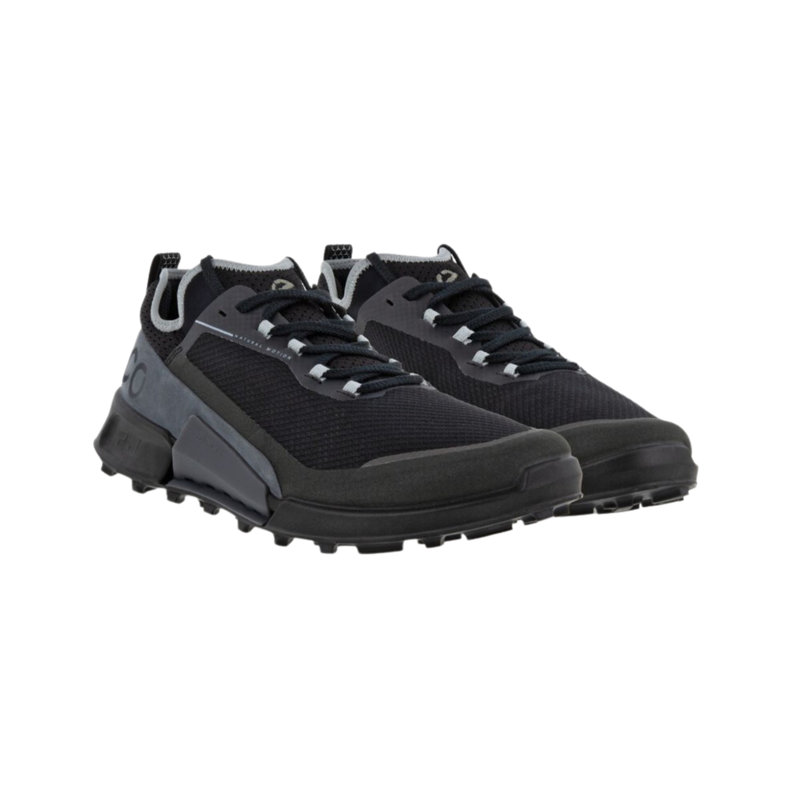 Angled view of Men’s Ecco BIOM 2.1 X-Country Low GTX hiking shoe in black and magnet – featuring waterproof GORE-TEX membrane for all-weather protection, engineered leather and textile upper for durability and breathability, BIOM natural motion technology for enhanced stability, cushioned ergonomic footbed, shock-absorbing midsole, reinforced toe cap for protection, and rugged outsole for superior traction on varied terrain.