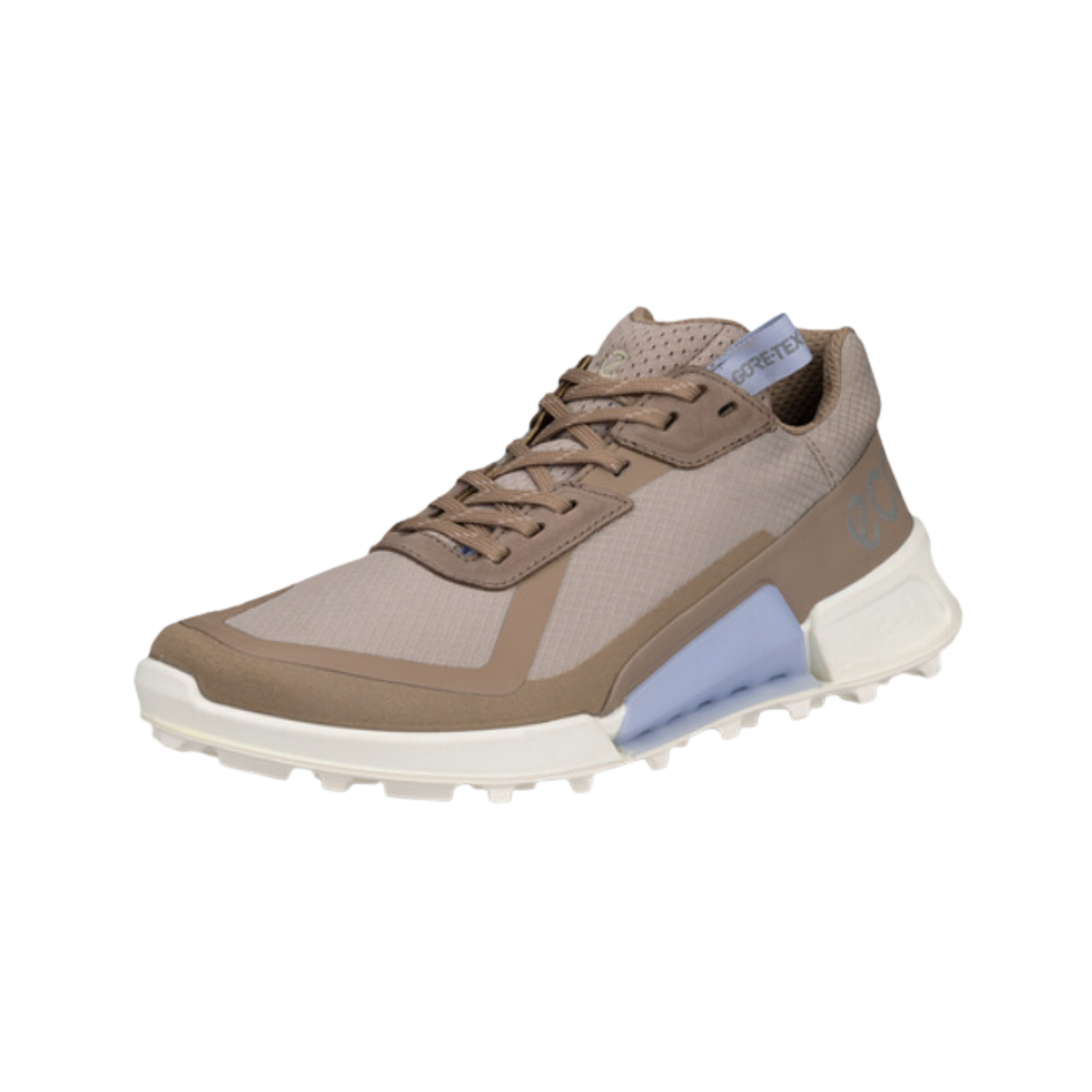 Angled  view of Women’s Ecco BIOM 2.1 Low Tex hiking shoe in shadow and white – featuring durable leather and textile upper with breathable membrane, BIOM natural motion technology for stability, and cushioned midsole for comfort on rugged terrain.