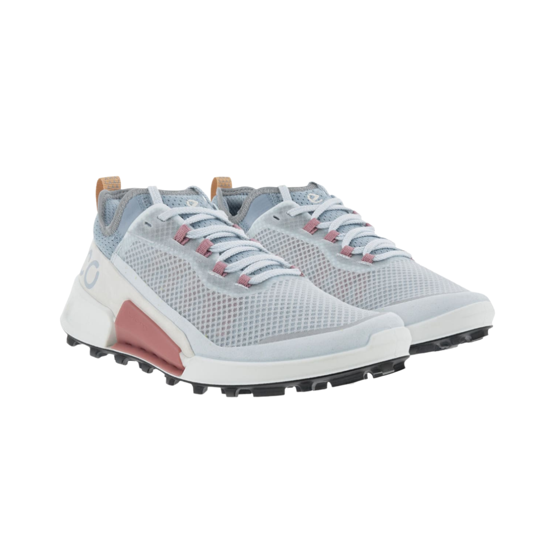 Angled View of Women’s ECCO BIOM 2.1 X Country Low Trail Shoe in Air/Shadow White – featuring athletic silhouette for dynamic movement, trail-ready materials for rugged performance, and neutral color palette for versatile outdoor style.