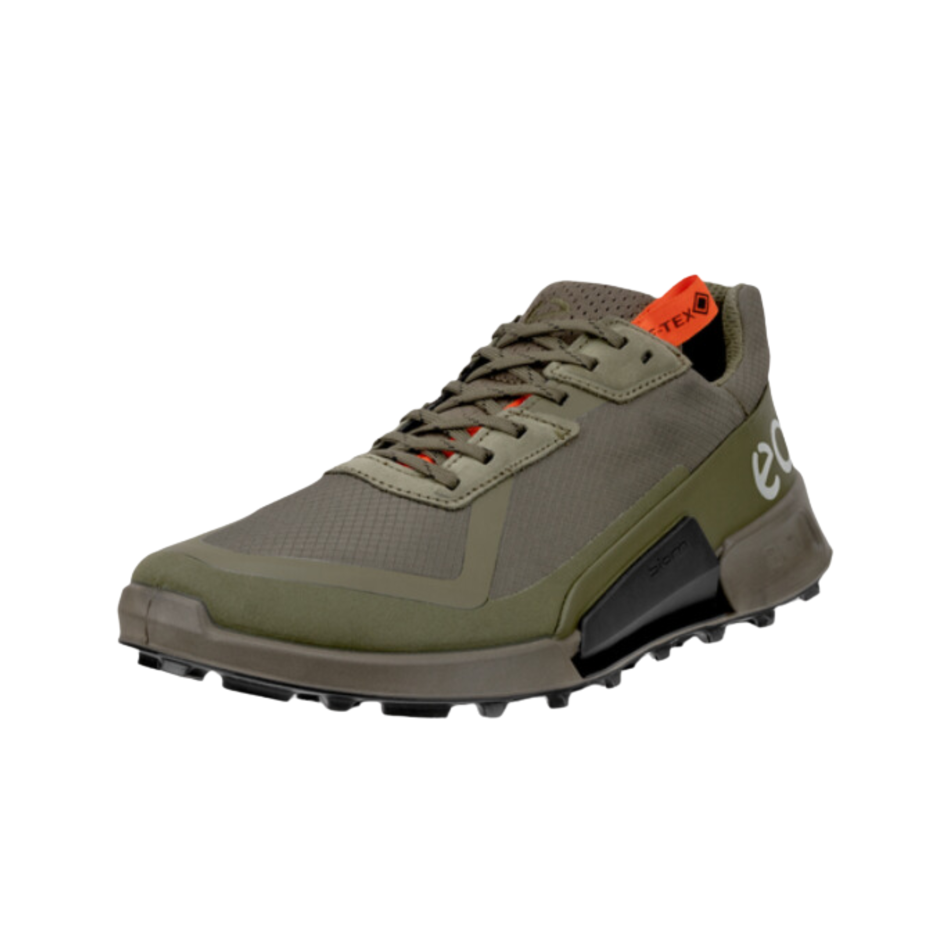 Angled view of Men’s Ecco BIOM 2.1 X-Country athletic hiking sneaker in tarmac and grape leaf – featuring engineered upper combining leather and textile for durability and breathability, cushioned footbed with ergonomic arch support, shock-absorbing midsole, flexible outsole with aggressive tread for traction on varied terrain, and breathable lining for all-day dryness.