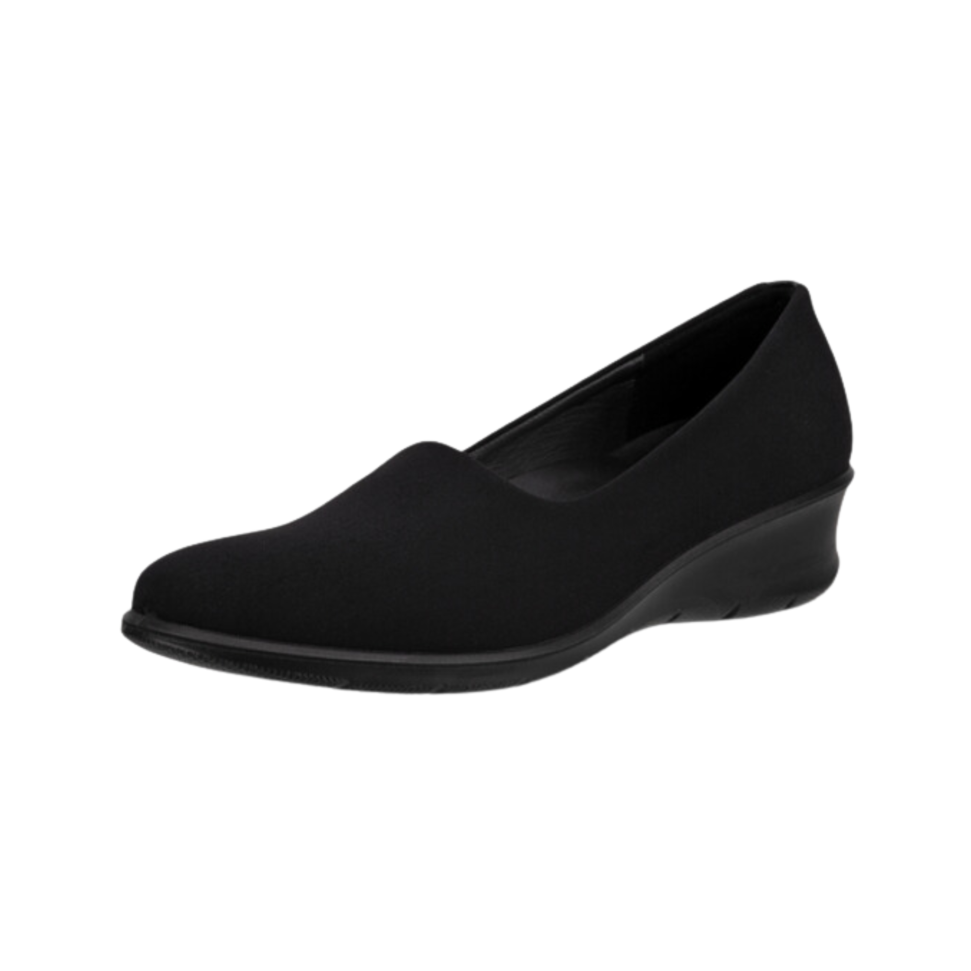 Angled  view of Women’s Ecco Felicia Stretch slip-on shoe in black – featuring stretchy leather upper for flexible fit, cushioned footbed, and lightweight sole for all-day comfort.