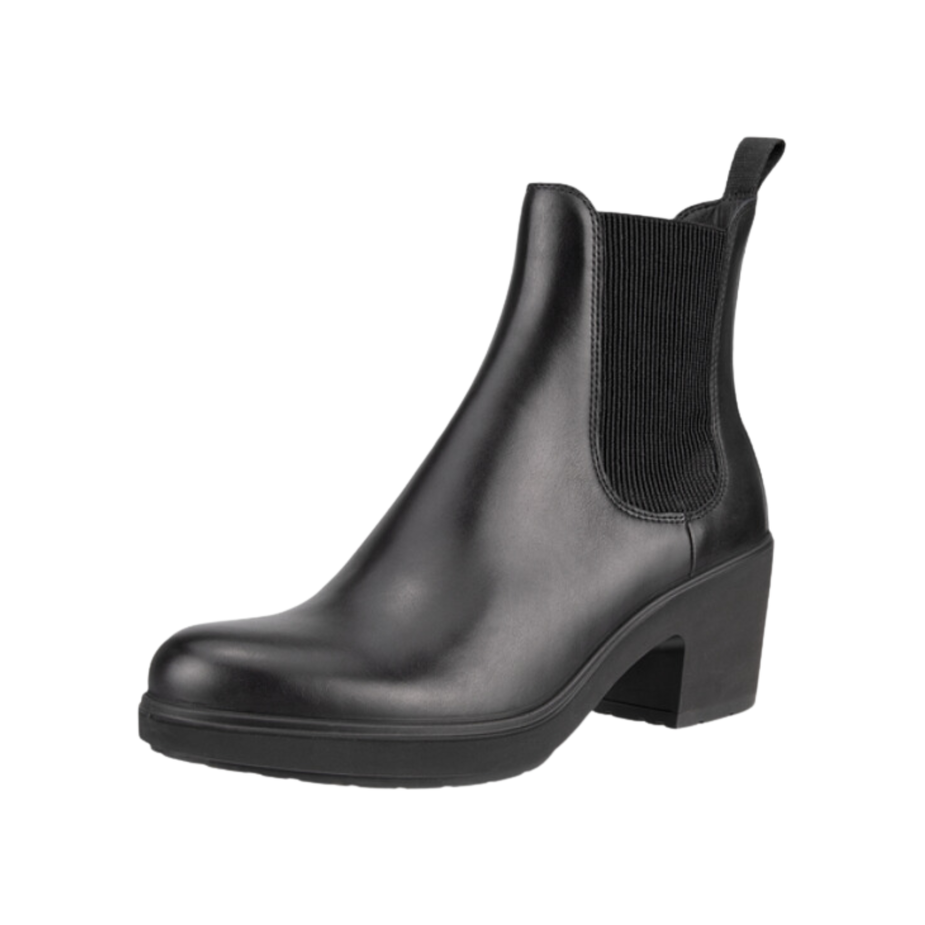 Angled view of Women’s Ecco Metropole Zurich tall Chelsea boot in black – featuring leather upper with elastic side panels, cushioned footbed, and durable outsole for all-day wear.