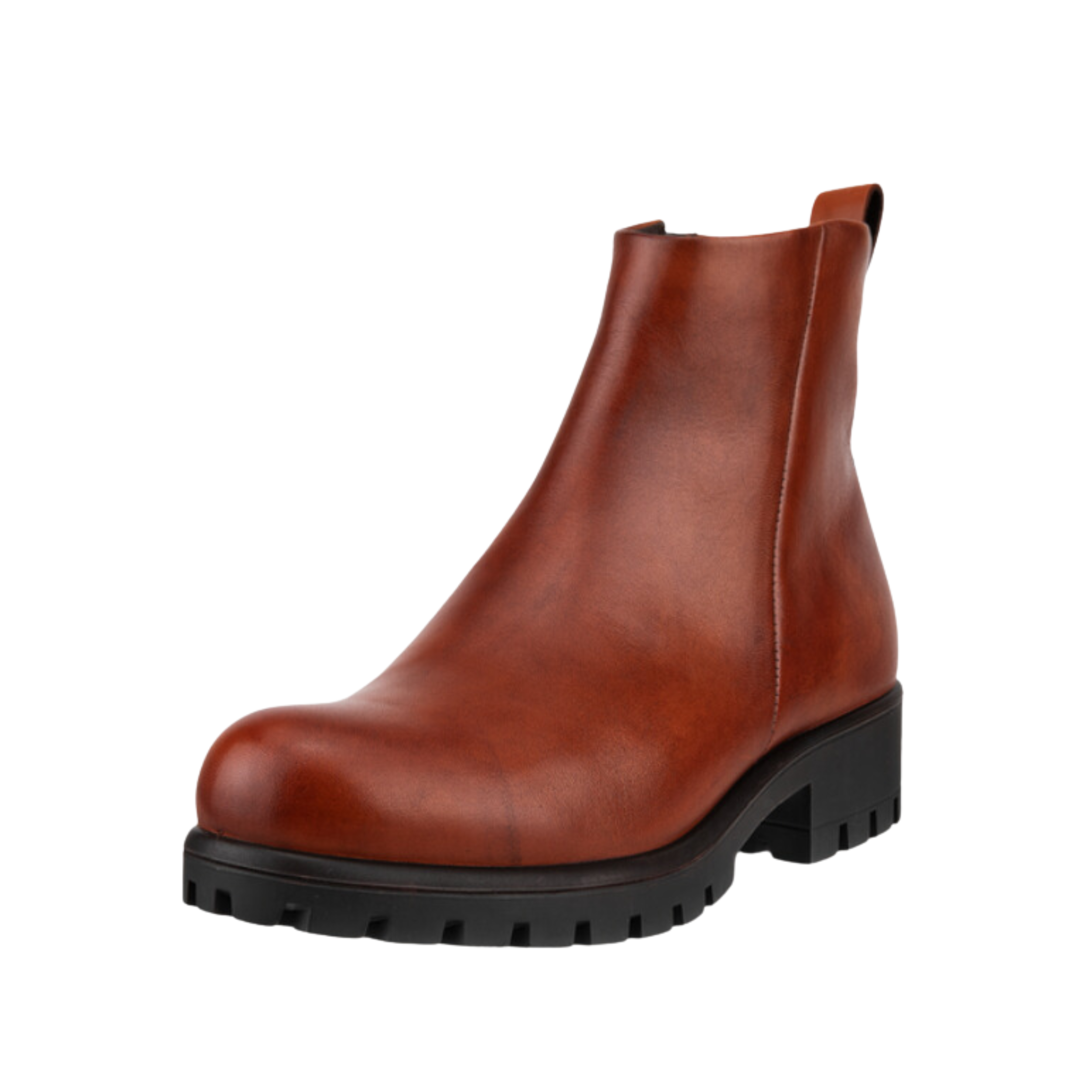 Angled view of Women’s Ecco Modtray ankle boot in cognac – featuring premium leather upper with elegant stitching, cushioned footbed for comfort, and durable sole suitable for casual wear.