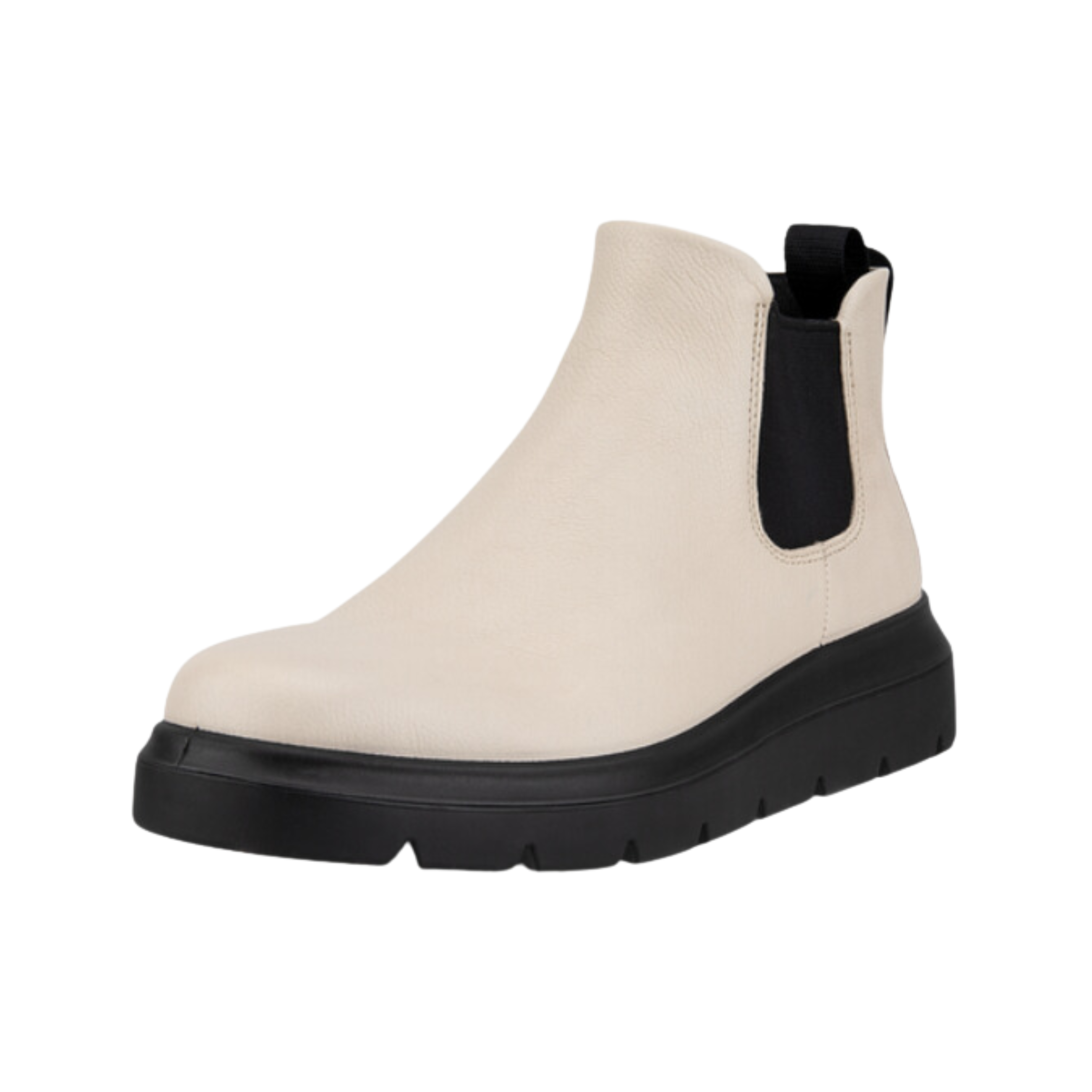 Angled  view of Women’s Ecco Nouvelle Chelsea boot in limestone – featuring premium leather upper with elastic side panels for slip-on convenience, cushioned footbed, and sleek design for versatile wear.
