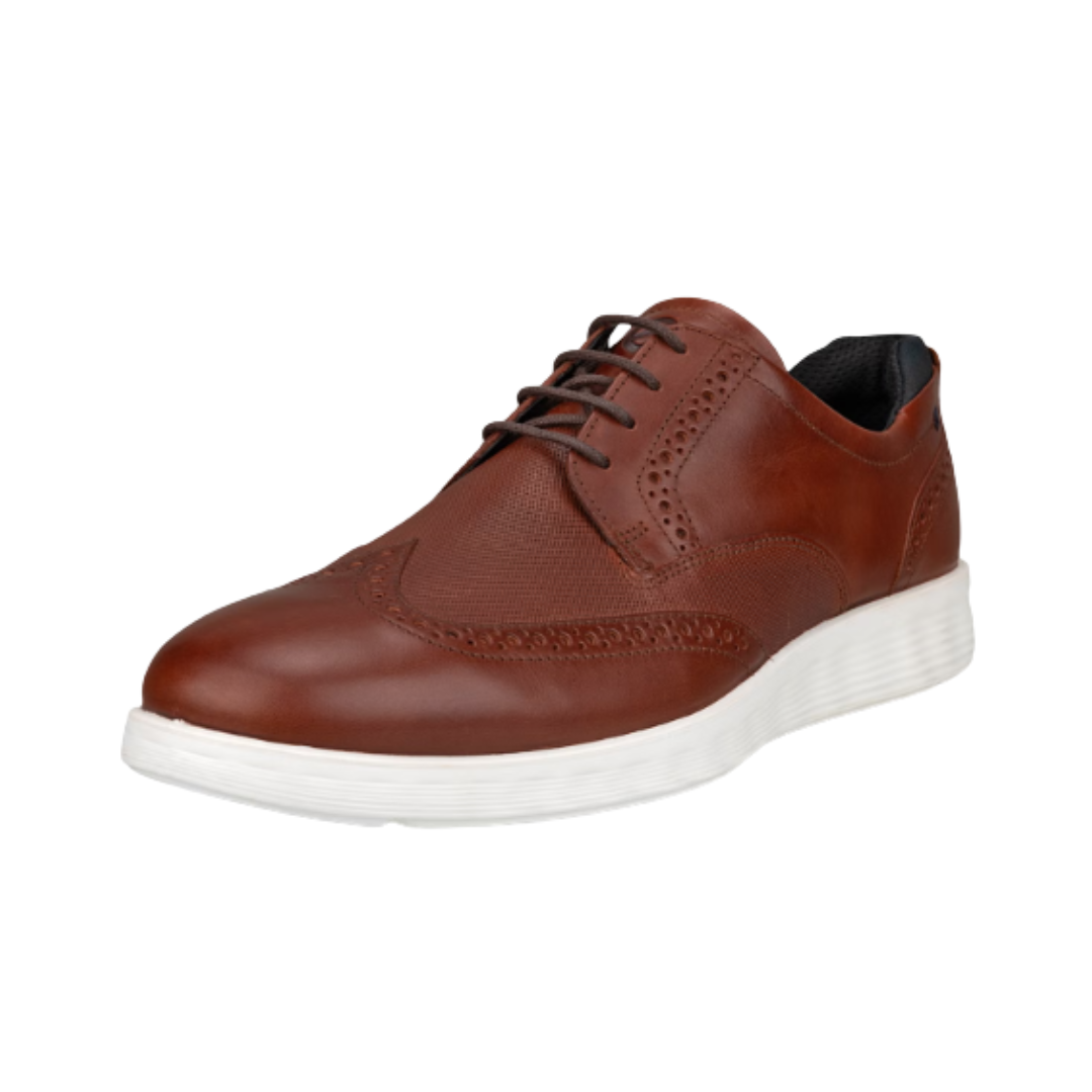 Angled View of Men’s ECCO S-Lite Hybrid Brogue Shoe in Cognac – featuring slim, modern profile, intricate broguing for classic appeal, and soft leather finish for premium style.