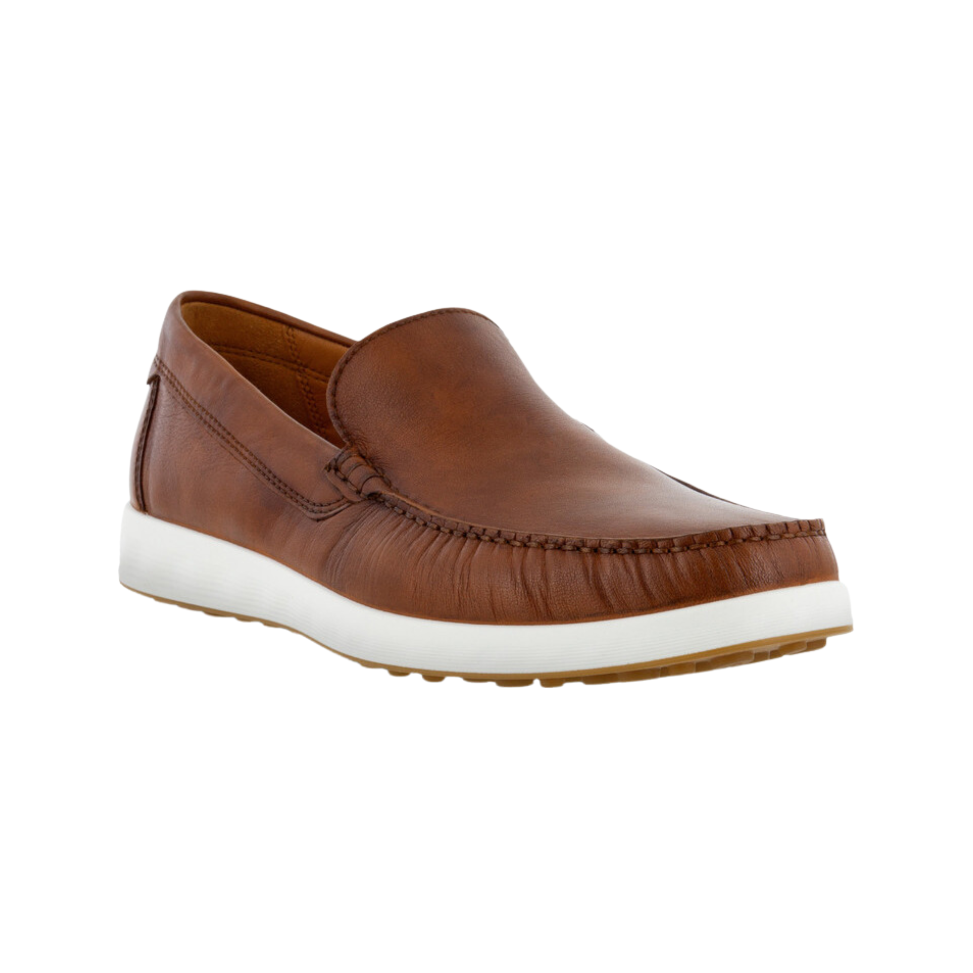 Angled view of Men’s Ecco S-Lite Moccasin slip-on in cognac – featuring supple leather upper with detailed moccasin stitching, cushioned footbed with anatomical arch support, lightweight midsole for added comfort, flexible outsole for natural gait, and breathable lining for moisture management.