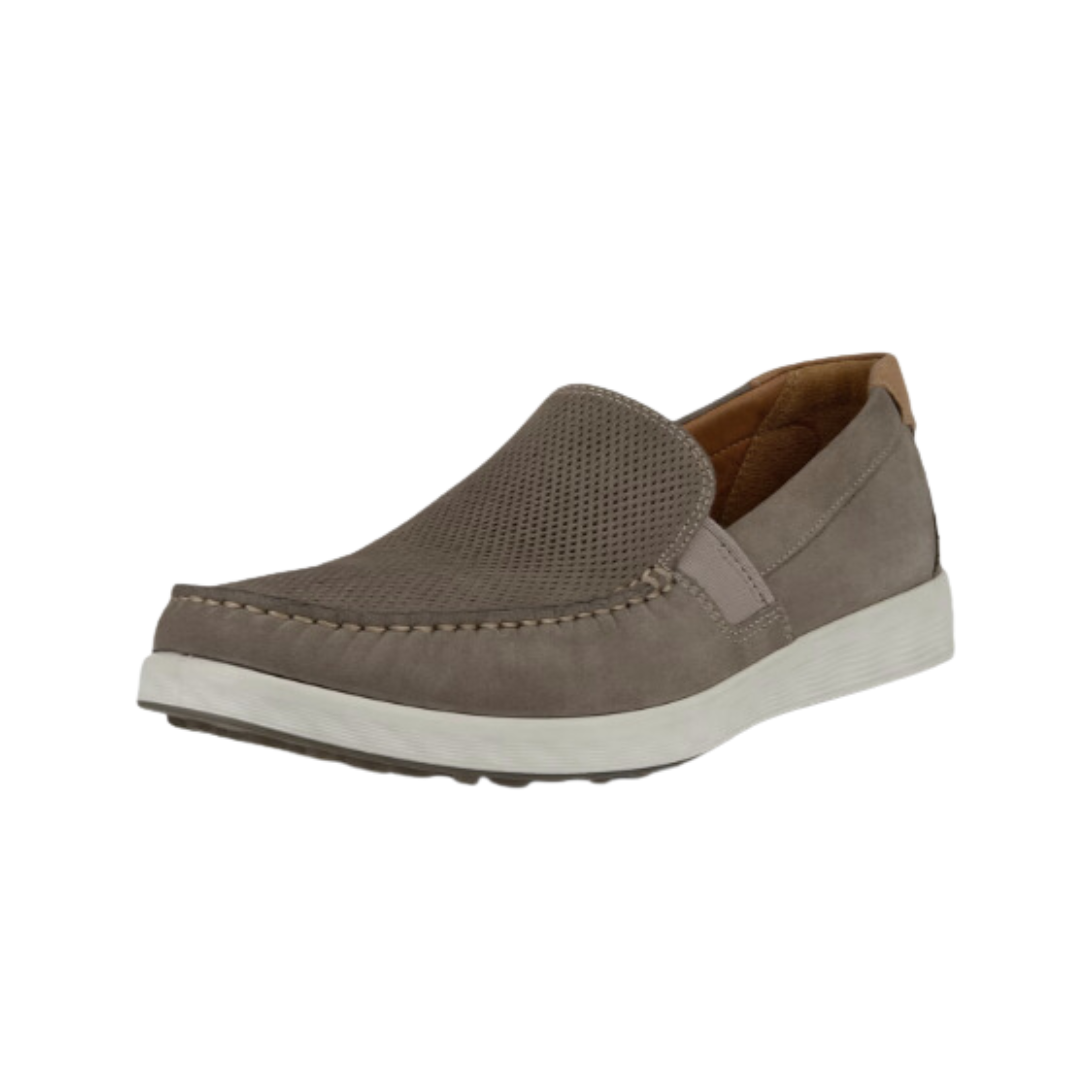 Angled view of Men’s Ecco S-Lite Moccasin slip-on in grey – featuring premium leather upper with moccasin stitching for classic style, cushioned ergonomic footbed with arch support, lightweight midsole for comfort and shock absorption, flexible rubber outsole for natural movement, breathable lining, and timeless silhouette suited for casual and semi-formal wear.