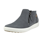 Angled view of Women's Ecco Soft 7 Low Bootie in dark shadow grey and white – featuring sleek leather upper, low-profile ankle height, cushioned insole, and flexible outsole for comfortable urban wear.