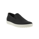 Angled view of Women's Ecco Soft 7 Slip-On casual shoe in black and white - featuring premium leather upper, cushioned footbed, flexible sole, and easy slip-on design for everyday comfort.