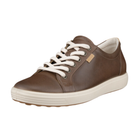 Angled view of Women's Ecco Soft 7 Sneaker in taupe – featuring soft leather construction, breathable design, cushioned insole, and flexible outsole ideal for all-day comfort.