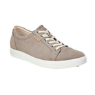 Angled view of Women's Ecco Soft 7 Sneaker in warm grey and white – featuring soft leather and textile upper, ergonomic sole, breathable design, and versatile style for daily wear.