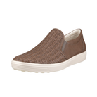 Angled view of Women's Ecco Soft 7 Woven Slip-On casual shoe in taupe and white– featuring breathable woven upper, padded collar, cushioned insole, and convenient slip-on construction for all-day ease.