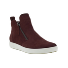 Angled view of Women's Ecco Soft 7 Zip Bootie in burgundy and white – featuring premium leather, side zipper for easy wear, supportive insole, and stylish look for casual and smart occasions.