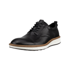 Angled view of Men’s Ecco St 1 Hybrid Derby dress shoe in black – featuring smooth leather upper with hybrid design, cushioned ergonomic footbed with arch support, lightweight midsole for shock absorption, durable rubber outsole for traction, padded collar for comfort, and classic formal silhouette.