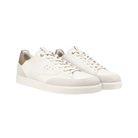 Angled view of Men’s Ecco Street Lite Luxe sneaker in limestone and nutmeg brown – featuring premium leather upper with perforations for breathability, cushioned insole, and sleek casual silhouette.