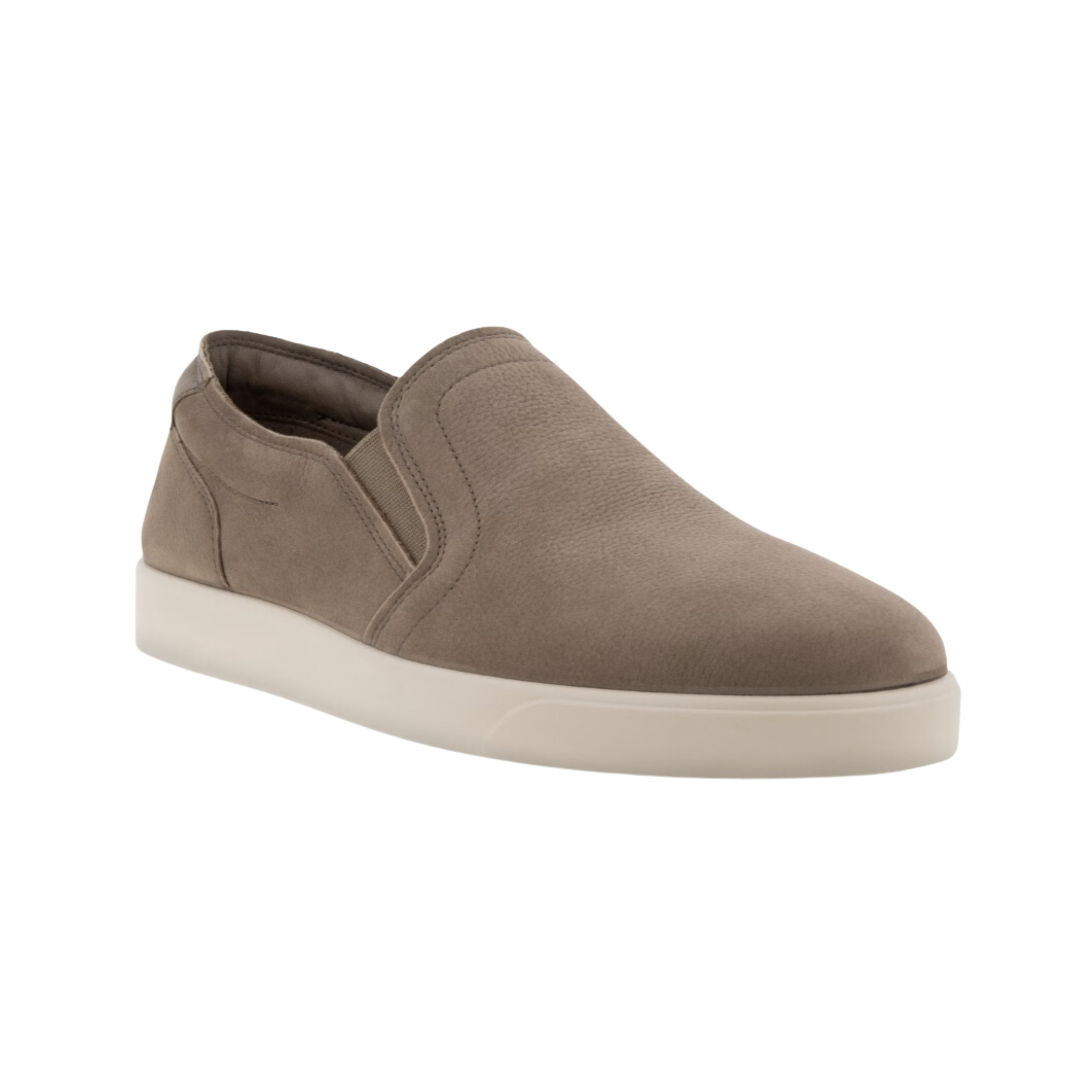 Angled  view of Men’s Ecco Street Lite Moc slip-on in taupe – featuring soft leather upper with slip-on design, cushioned footbed for comfort, and flexible outsole.