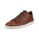 Angled view of Men’s Ecco Street Lite Retro casual shoe in whisky and coffee – featuring soft leather upper with perforations for breathability, cushioned midsole with advanced shock absorption, flexible rubber outsole for superior traction, padded collar and tongue for comfort, breathable lining to keep feet dry, and stylish slip-on design for easy wear.