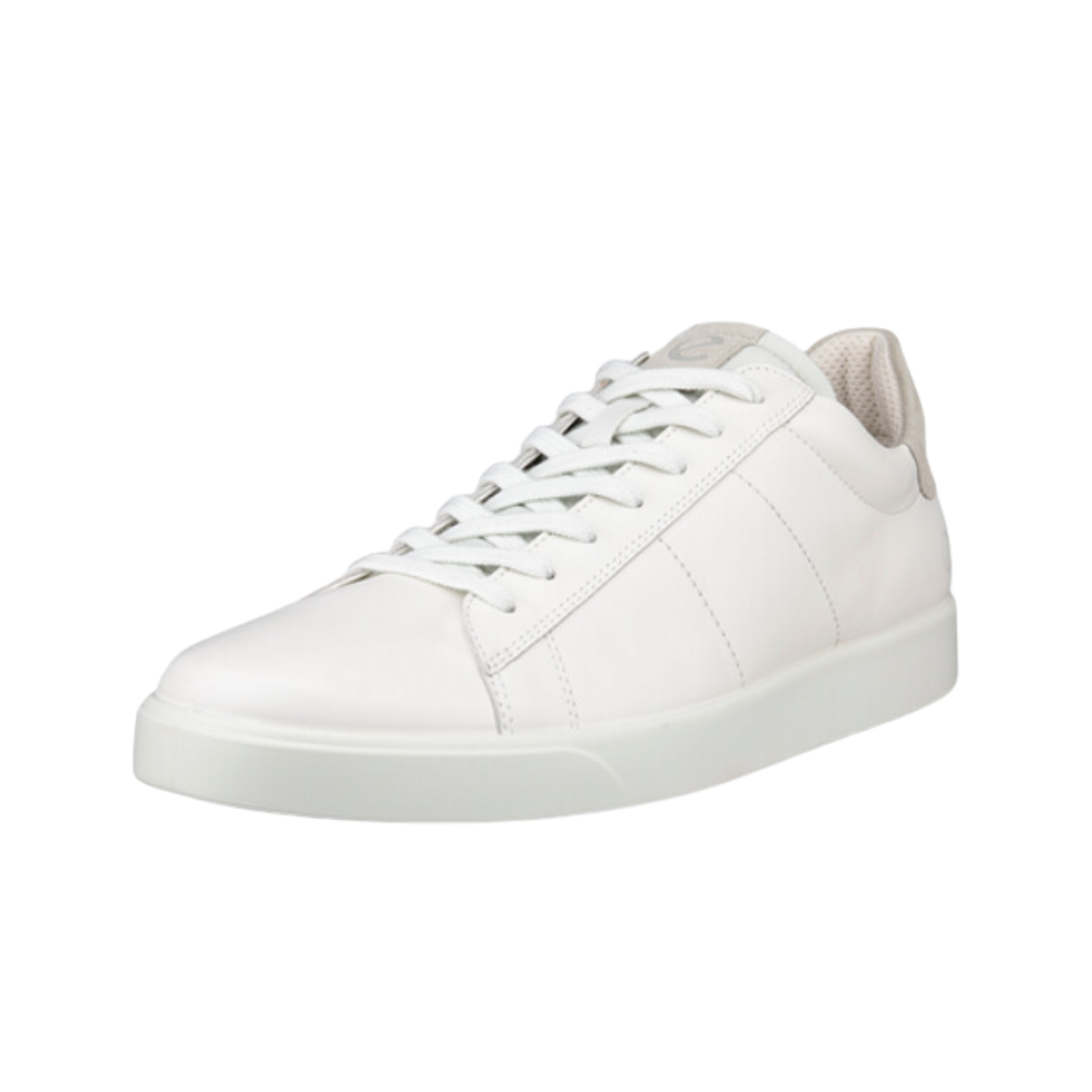 Angled view of Men’s Ecco Street Lite Retro sneaker in white gravel – featuring premium perforated full-grain leather upper for breathability and style, lightweight EVA midsole with advanced shock absorption for all-day comfort, flexible rubber outsole for superior traction, padded collar and tongue for ankle support, seamless construction for irritation-free wear, and classic retro design combined with modern performance technology.