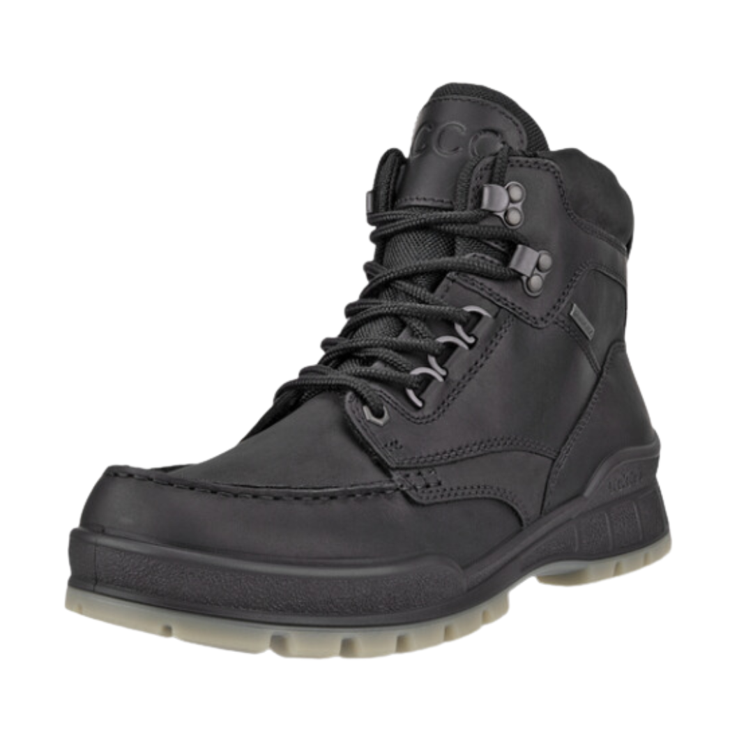 Angled view of Men's Ecco Track 25 Moc work and hiking boot in black – featuring durable leather upper, rugged outsole, and padded collar for all-day comfort.