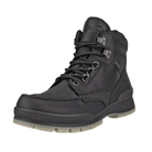 Angled view of Men's Ecco Track 25 Moc work and hiking boot in black – featuring durable leather upper, rugged outsole, and padded collar for all-day comfort.