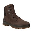Angled view of Men's Ecco Track 25 Moc work and hiking boot in coffee brown – featuring sturdy leather construction, slip-resistant sole, and cushioned footbed for long wear.
