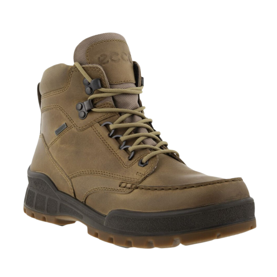 Angled view of Men's Ecco Track 25 Moc work and hiking boot in nutmeg brown – featuring soft leather upper, reinforced toe, and rugged outsole for trail and work use.