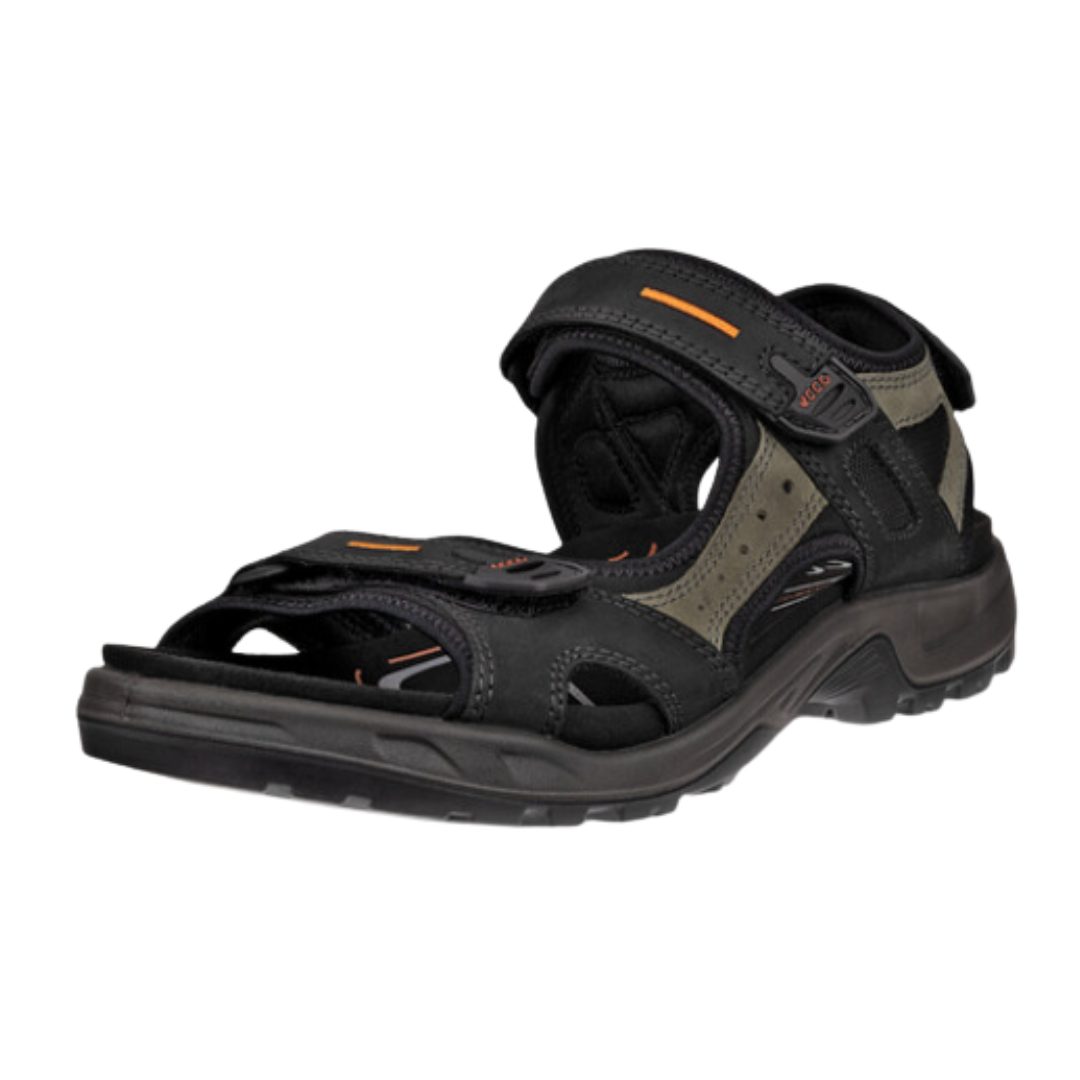 Angled view of Men’s Ecco Yucatan sandal in black and mole black – featuring a durable leather upper, adjustable straps for customized fit, and a supportive sole designed for all-day comfort and traction.