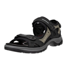 Angled view of Women’s Ecco Yucatan 2-strap velcro sandal in black and mole – featuring durable leather straps, adjustable hook-and-loop closures for a customized fit, and a supportive, textured sole for excellent traction and comfort.