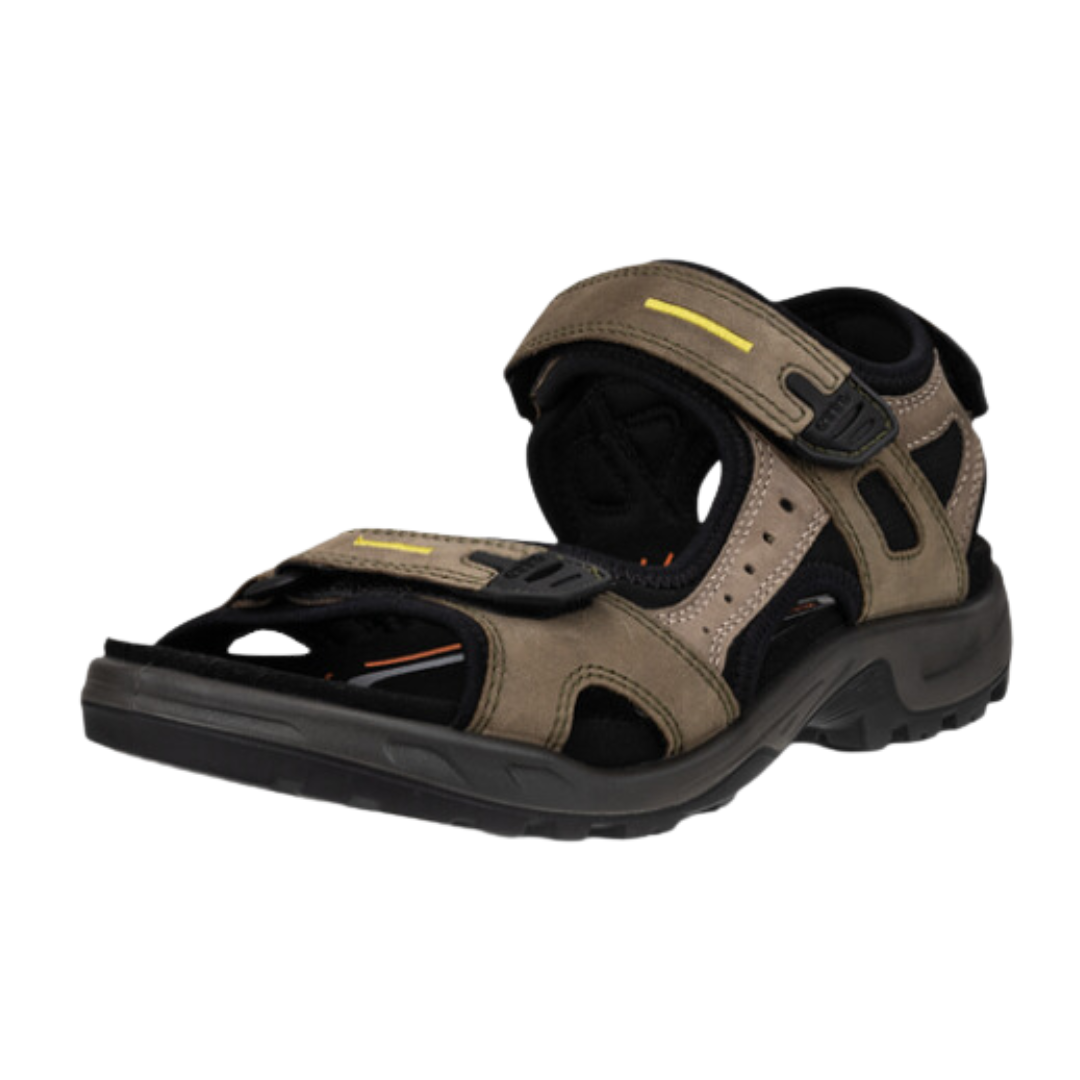 Angled view of Men’s Ecco Yucatan sandal in tarmac and moon rock – featuring a durable leather upper, adjustable straps for a customized fit, and a supportive sole designed for all-day comfort and traction.