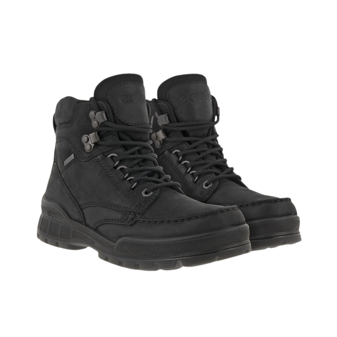 Side View of Women’s ECCO Track 25 Boot in Black – featuring full-grain leather upper for durability, GORE-TEX® waterproof lining for weather protection, and dual-density PU/TPU outsole for rugged traction.