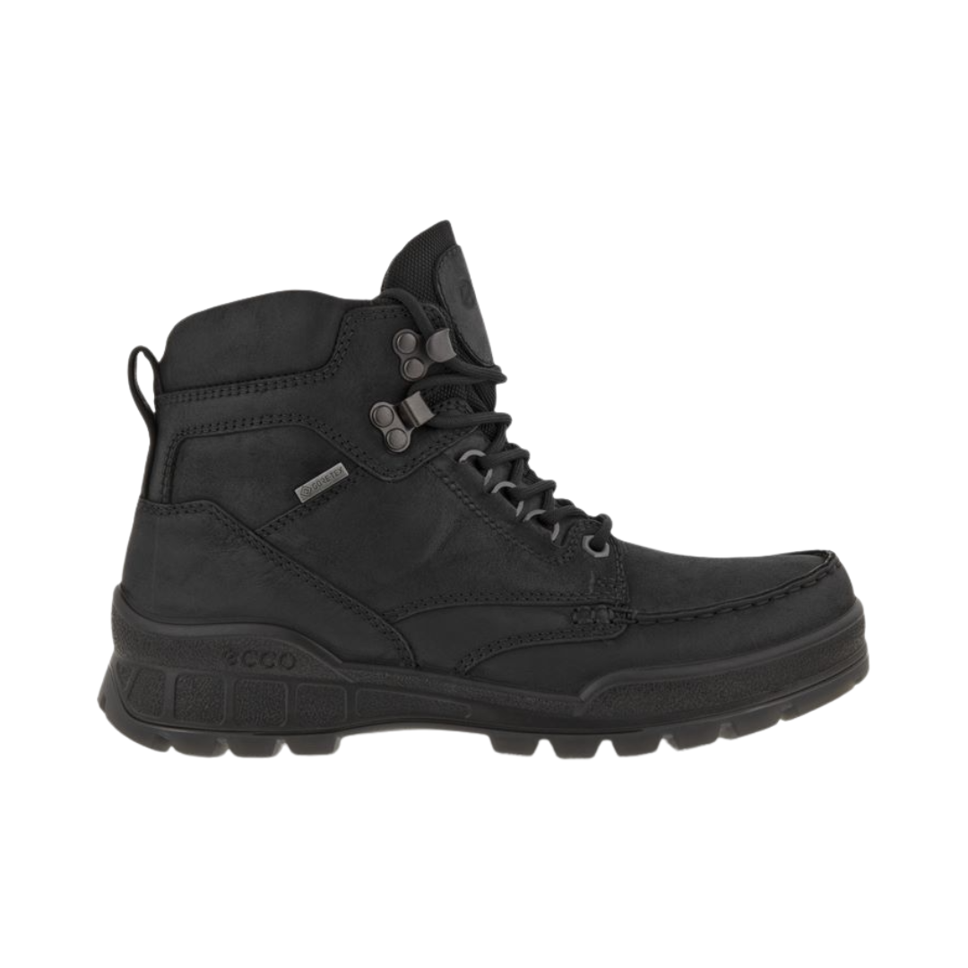 Side View of Women’s ECCO Track 25 Boot in Black – featuring full-grain leather upper for durability, GORE-TEX® waterproof lining for weather protection, and dual-density PU/TPU outsole for rugged traction.