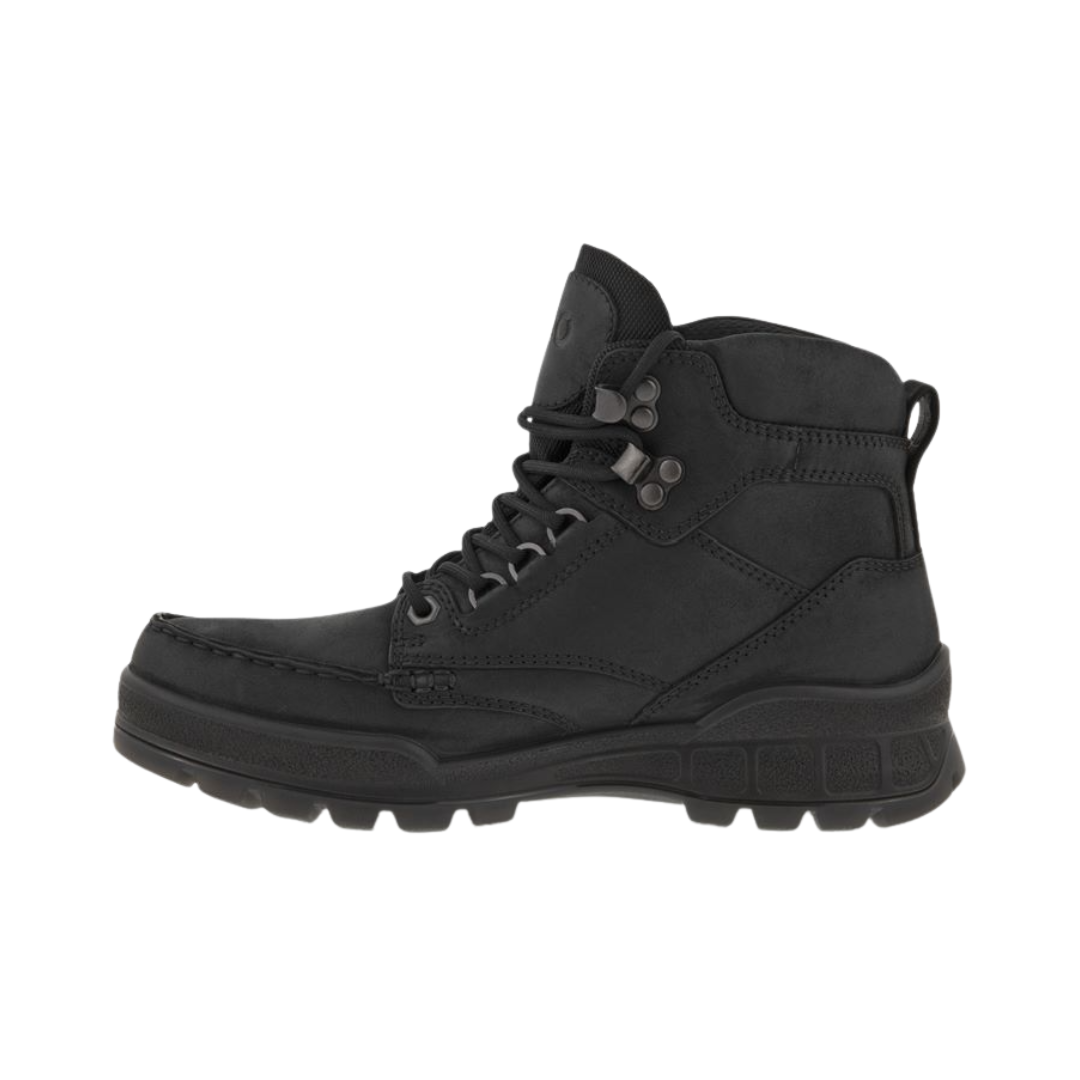 Side View of Women’s ECCO Track 25 Boot in Black – featuring full-grain leather upper for durability, GORE-TEX® waterproof lining for weather protection, and dual-density PU/TPU outsole for rugged traction.