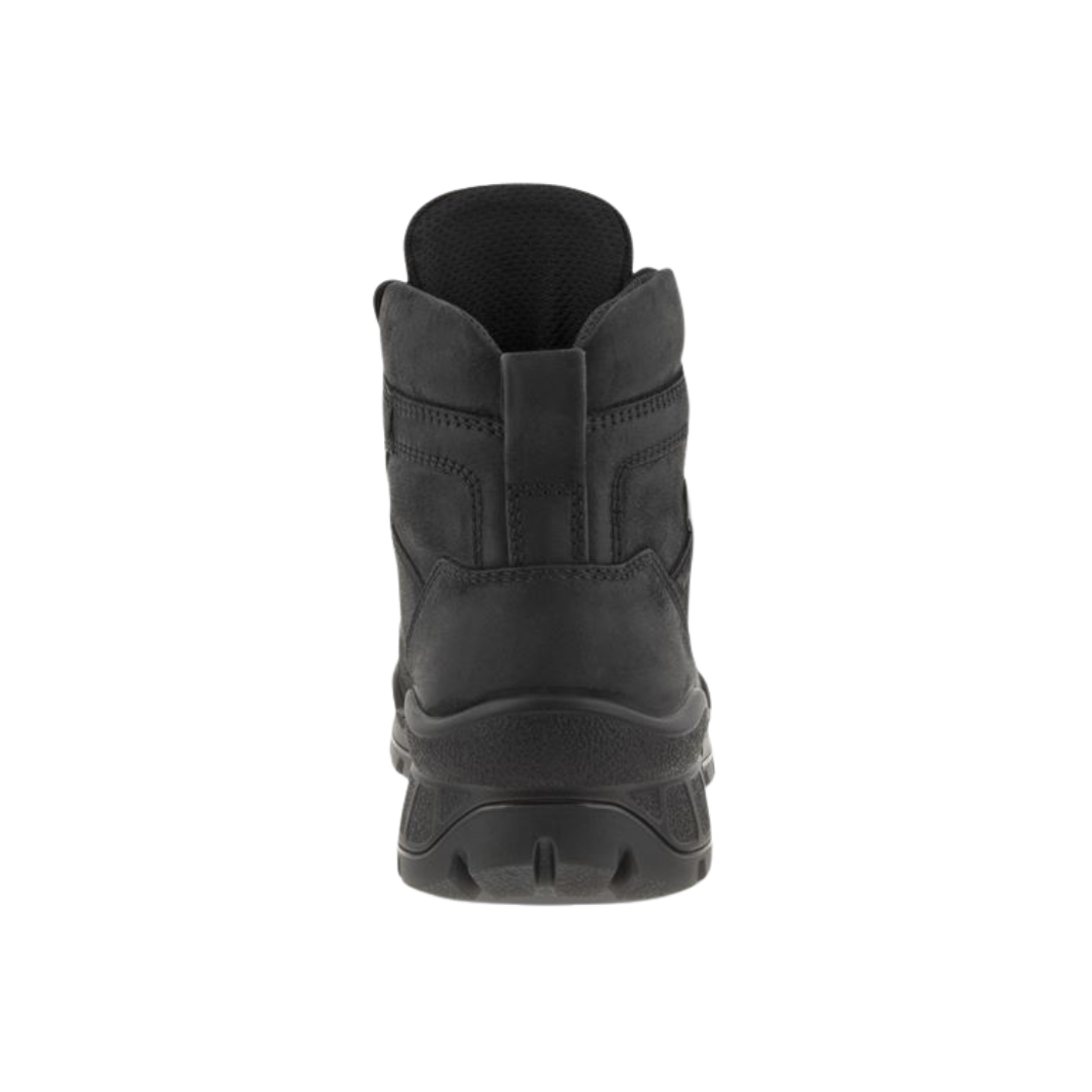 Back View of Women’s ECCO Track 25 Boot in Black – featuring reinforced heel counter for stability, heel pull tab for easy on/off, and contrast stitching for a heritage-inspired finish.