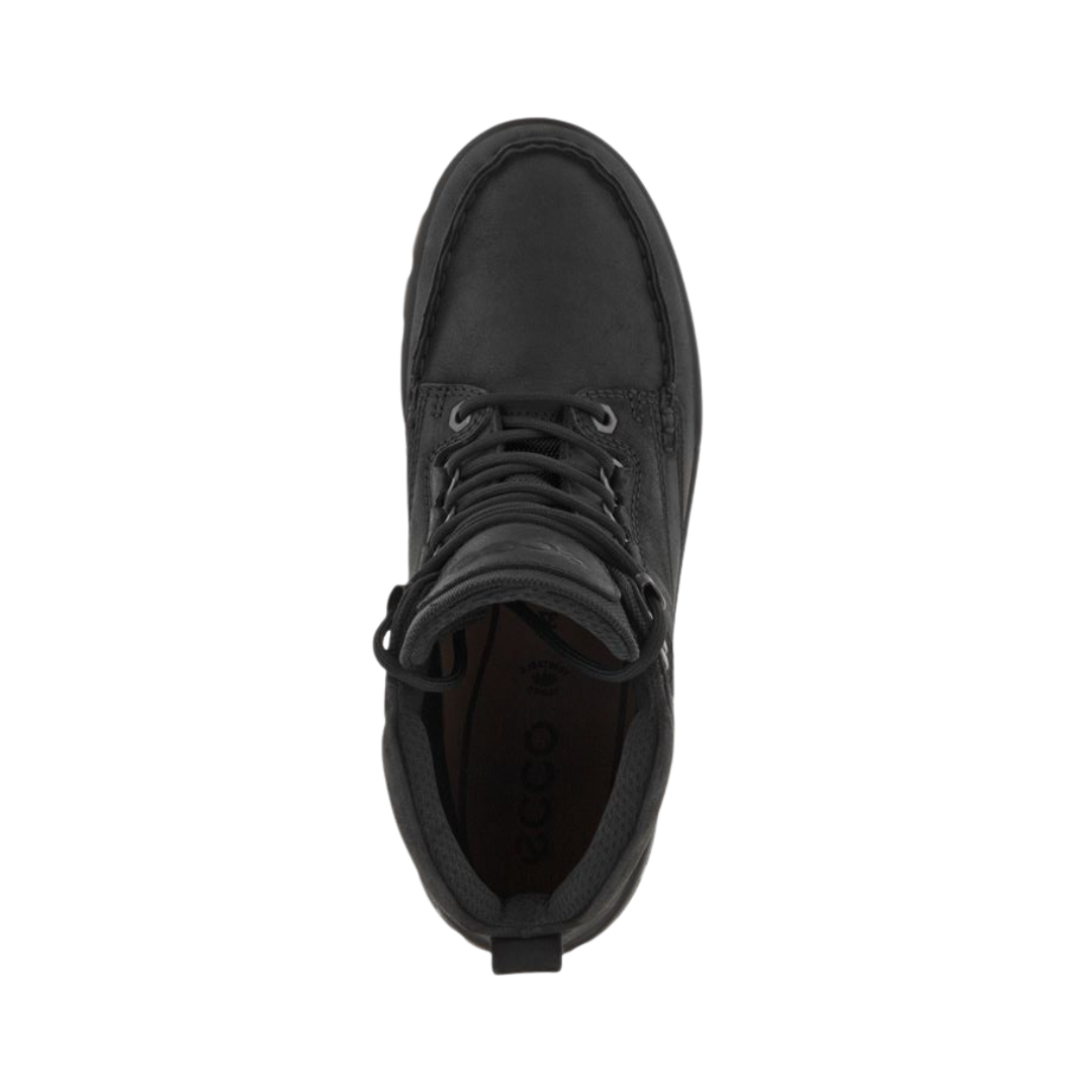 Top View of Women’s ECCO Track 25 Boot in Black – featuring padded collar and tongue for comfort, leather and textile lining for breathability, and secure lace-up closure for a supportive fit.