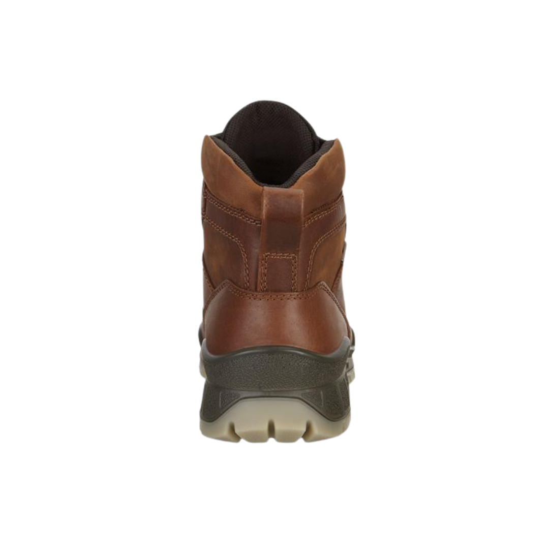 Back View of Men’s ECCO Track 25 Boot in Bison – featuring structured heel with reinforced stitching, rear pull loop for easy on and off, and contrast paneling for visual interest.