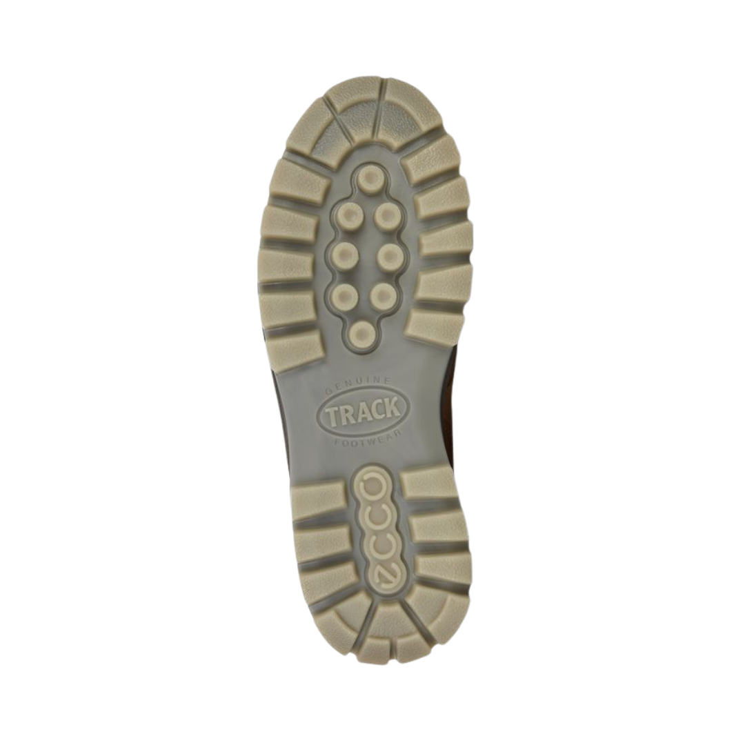 Bottom View of Men’s ECCO Track 25 Boot in Bison – featuring aggressive rubber lug outsole for superior grip, reinforced heel and toe zones for durability, and flexible sole for natural movement.