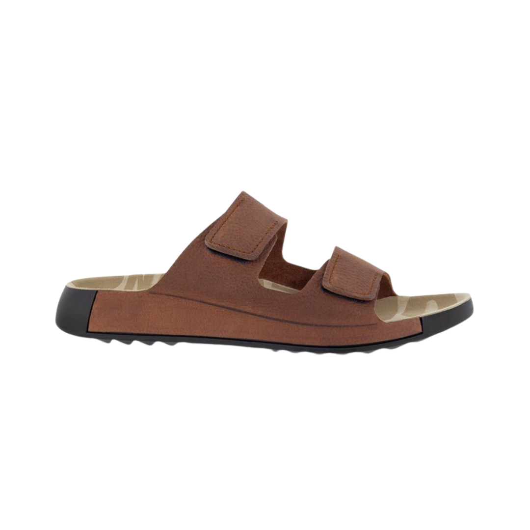 Side View of Men’s ECCO 2nd Cozmo Slide Sandal in Tuscany – featuring rich leather straps for premium comfort, anatomical footbed for all-day wear, and lightweight PU outsole for durability.