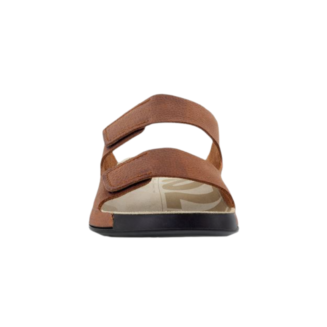 Front View of Men’s ECCO 2nd Cozmo Slide Sandal in Tuscany – featuring wide leather straps across the foot, ergonomic footbed shape, and open toe construction for breathable comfort.