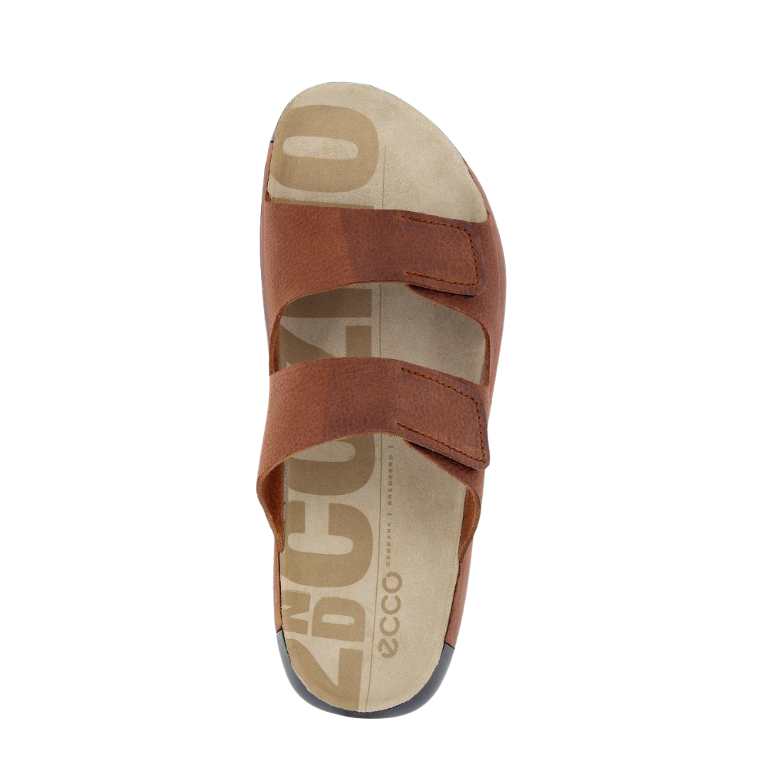 Top view of Men’s Ecco 2nd Cozmo two strap slide in tuscany – featuring padded footbed with anatomical arch support to aid foot health, breathable design for ventilation, and soft leather straps for irritation-free wear.