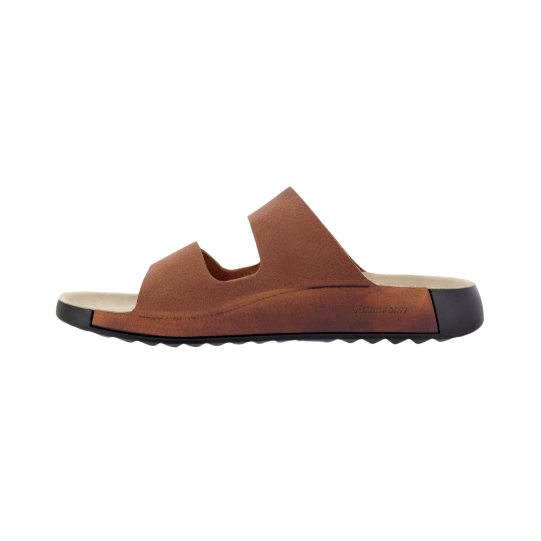 Side view of Men’s Ecco 2nd Cozmo two strap slide in tuscany – featuring smooth leather upper with two adjustable straps for customized fit, cushioned footbed for all-day comfort, and durable outsole for reliable wear.