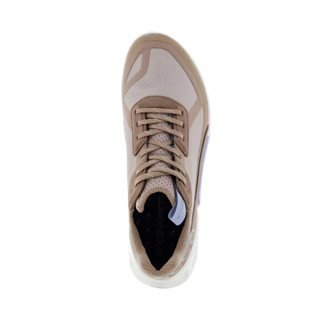 Top view of Women’s Ecco BIOM 2.1 X-Country Low GTX shoe in moonrock – featuring padded collar and tongue for comfort, moisture-wicking lining to keep feet dry, and secure lace-up closure for locked-in fit.