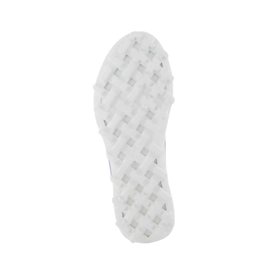 Bottom view of Women’s Ecco BIOM 2.1 X-Country Low GTX shoe in moonrock – featuring durable rubber outsole with aggressive tread pattern for superior traction on varied terrain, flexible sole for natural foot movement, and abrasion-resistant construction for long-lasting wear.