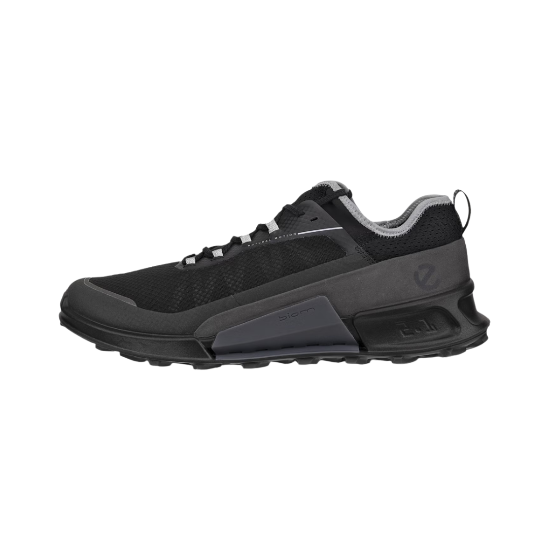 Side View of Men’s ECCO BIOM 2.1 X Country Low Hiking Shoe in Black/Magnet – featuring BIOM® Natural Motion technology for a stable, low-to-the-ground feel, breathable mesh upper with synthetic overlays, and ECCO PHORENE™ midsole for responsive cushioning.