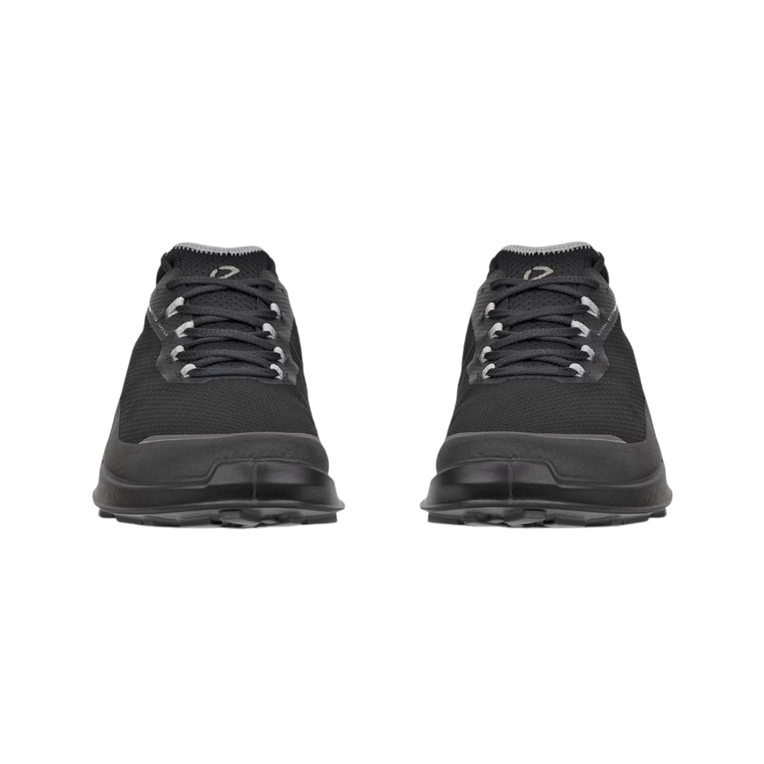Front View of Men’s ECCO BIOM 2.1 X Country Low Hiking Shoe in Black/Magnet – featuring reinforced toe cap for added protection, curved anatomical design for a natural fit, and breathable forefoot mesh for airflow.