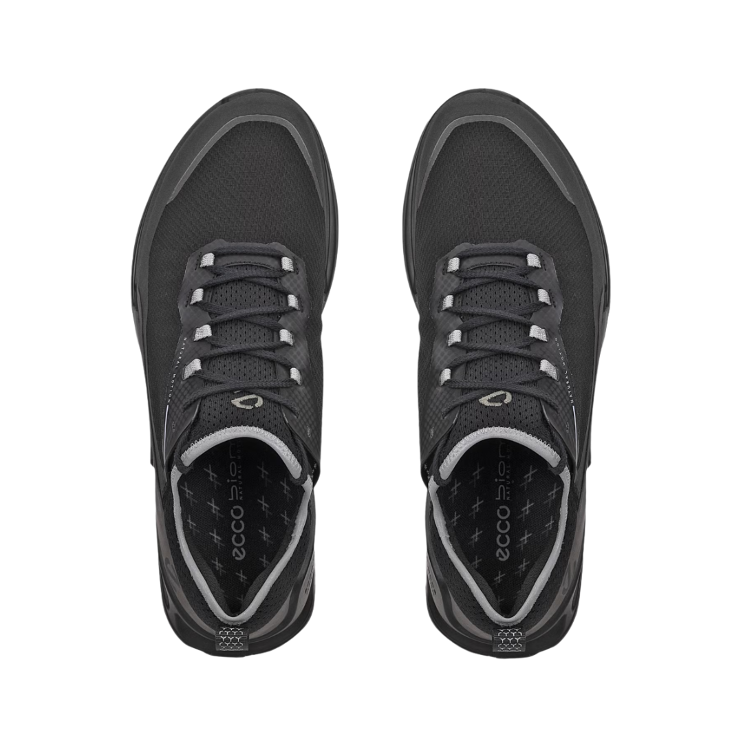 Top View of Men’s ECCO BIOM 2.1 X Country Low Hiking Shoe in Black/Magnet – featuring airy mesh upper for ventilation, padded tongue and collar for comfort, and secure speed-lacing system for quick adjustment.