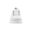 Front view of Women’s Ecco BIOM 2.1 X-Country Low shoe in shadow and white – featuring reinforced toe cap with durable leather overlay, breathable mesh forefoot for airflow, and structured lacing system for secure fit.