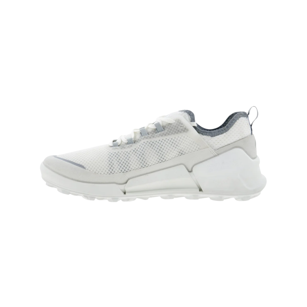 Side view of Women’s Ecco BIOM 2.1 X-Country Low shoe in shadow and white – featuring engineered leather and textile upper for durability and breathability, cushioned footbed for all-day comfort, and BIOM natural motion technology for enhanced stability.