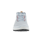 Front View of Women’s ECCO BIOM 2.1 X Country Low Trail Shoe in Air/Shadow White – featuring breathable mesh toe box for ventilation, reinforced toe cap for added protection, and asymmetrical design for anatomical fit.