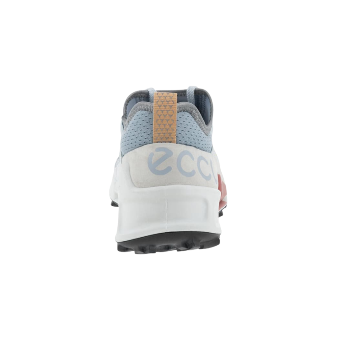 Back View of Women’s ECCO BIOM 2.1 X Country Low Trail Shoe in Air/Shadow White – featuring breathable mesh toe box for ventilation, reinforced toe cap for added protection, and asymmetrical design for anatomical fit.