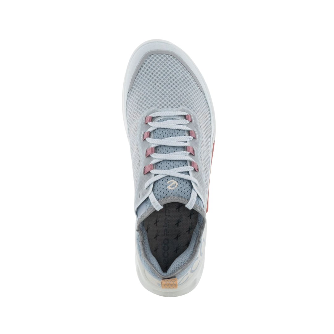 Top View of Women’s ECCO BIOM 2.1 X Country Low Trail Shoe in Air/Shadow White – featuring lightweight mesh upper for ventilation, quick-lace system for convenience, and padded tongue and collar for comfort.